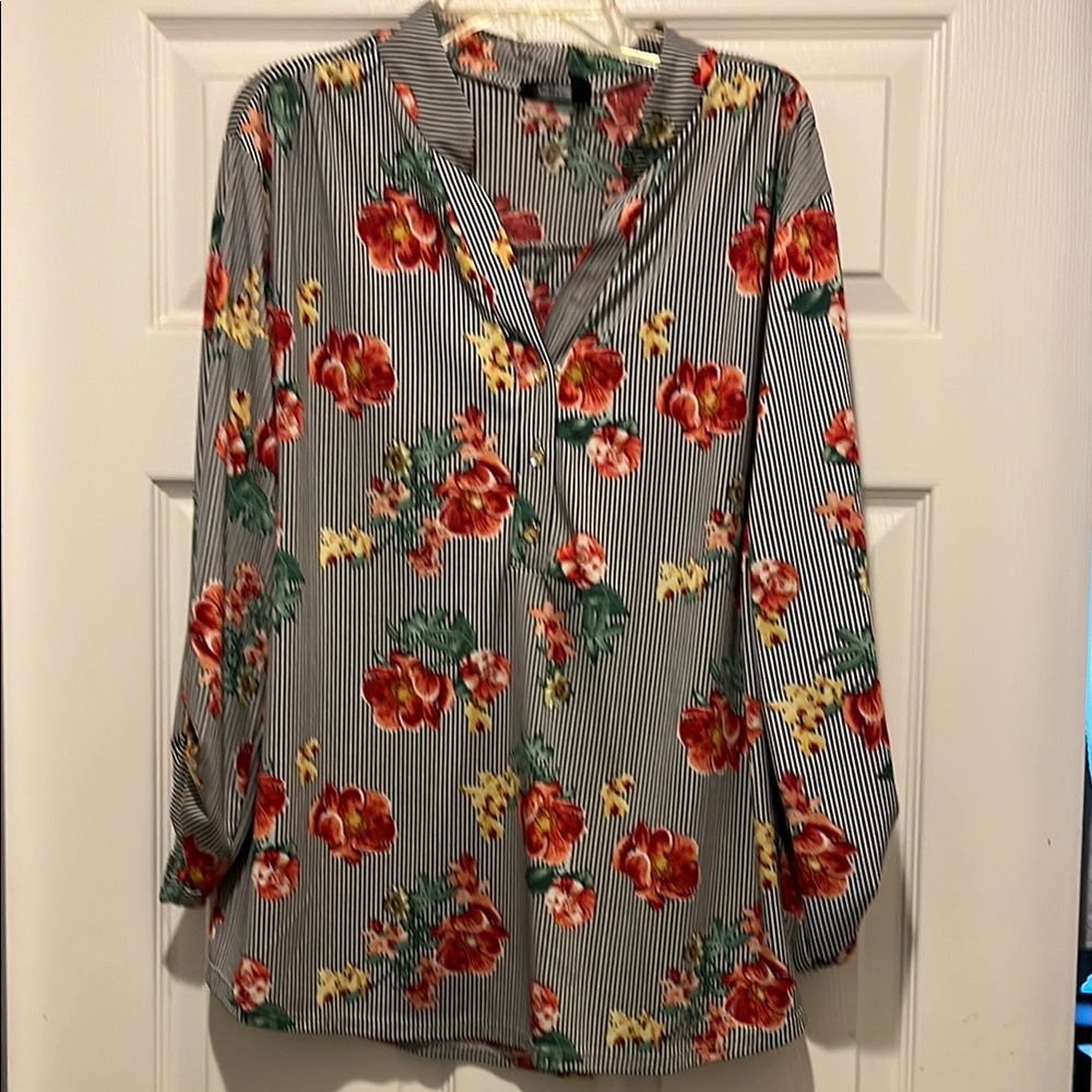 Stylish Red and Yellow V-Neck Blouse with 3/4 Sleeves